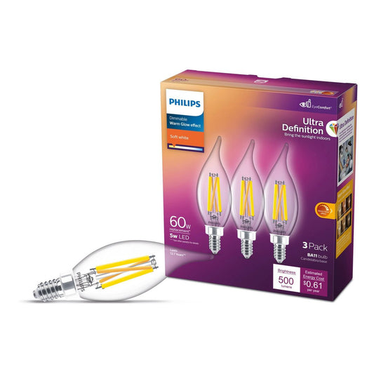 Philips UltraDef LED 60W Clear Soft White BA11 3P Candelabra Base: E12 Dimmable Candelabra Bulbs, 500 Lumens, 2700K, 3-Pack