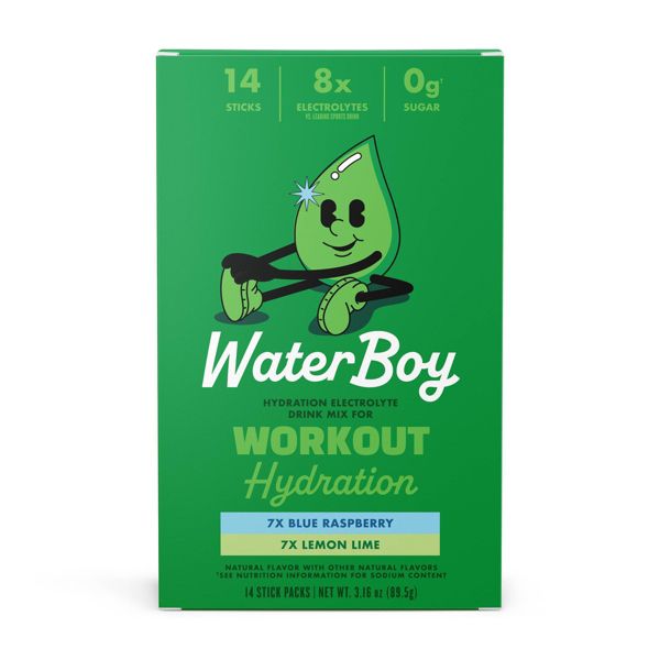 Waterboy Workout Hydration Sports Drink Variety Pack - Blue Raspberry + Lemon Lime - 3.16oz/14ct
