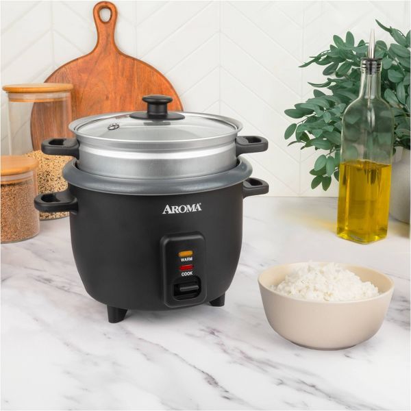 Aroma 6 Cup Rice Cooker with Outer Steam Tray Black: 2 Quart, One-Touch, Nonstick, Includes Accessories