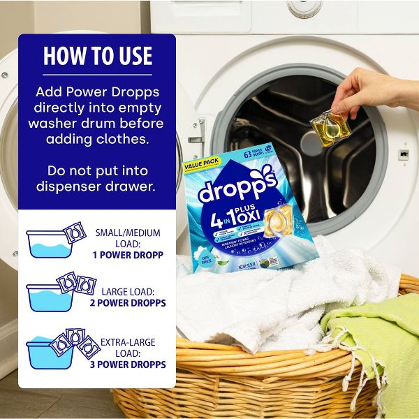Dropps Laundry 4-in-1 Plus Oxi Power Biobased Detergent Pods - Crisp Breeze - 63ct