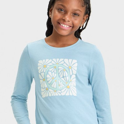 Girls' Long Sleeve 'Peace' Graphic T-Shirt - Cat & Jack™ Dusty Blue XL (14)