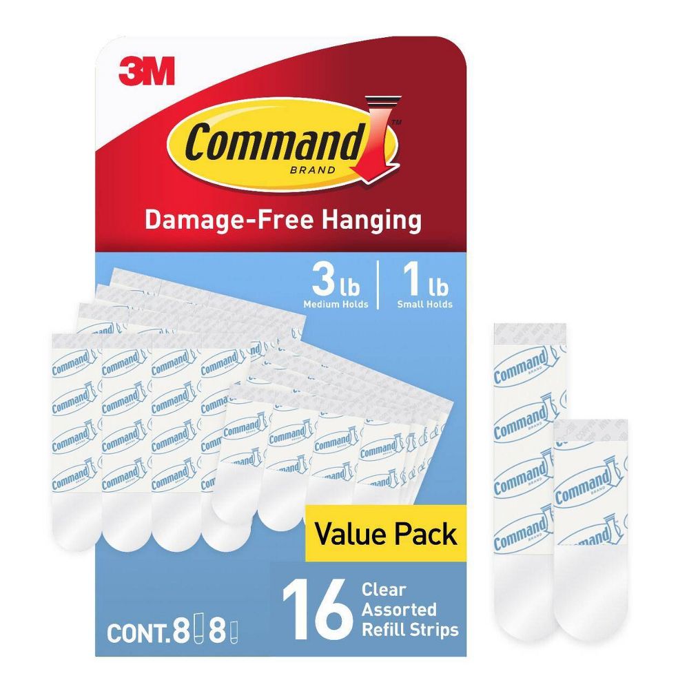 Command Refill Strips Tape: 3M Command Hook Refills, Adhesive Hooks, White, 16 Pack, 4 lb Capacity
