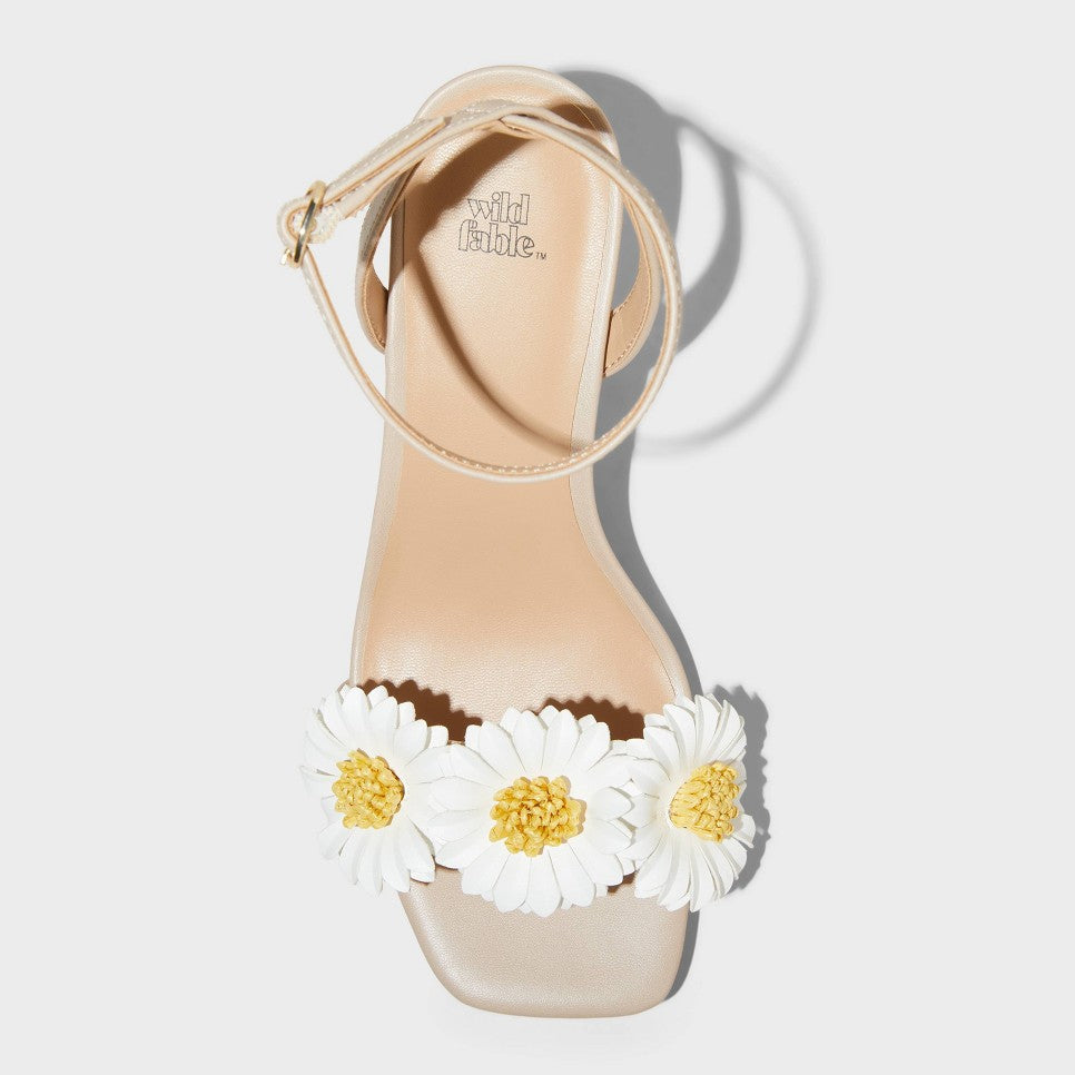 Women's Brianna Daisy Ankle Strap Heels - Wild Fable™ Beige 8.5: Square Toe, Adjustable Buckle, 2.75" Louis Heel