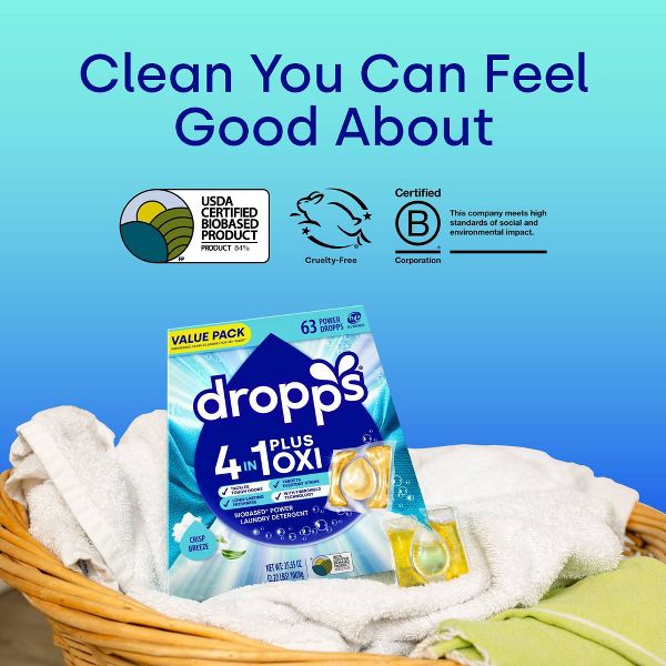 Dropps Laundry 4-in-1 Plus Oxi Power Biobased Detergent Pods - Crisp Breeze - 63ct