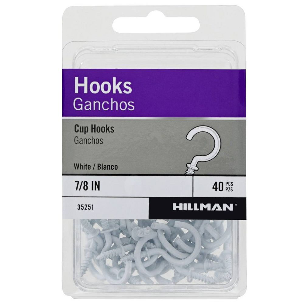 Hillman 7/8" Cup Hook White: Steel Screw Hooks for Ceiling, 40 Pack