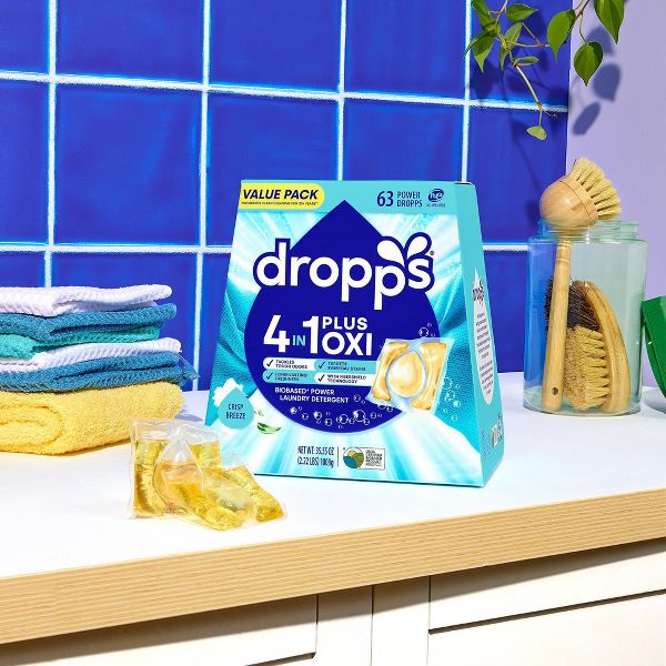 Dropps Laundry 4-in-1 Plus Oxi Power Biobased Detergent Pods - Crisp Breeze - 63ct
