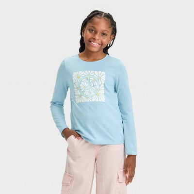 Girls' Long Sleeve 'Peace' Graphic T-Shirt - Cat & Jack™ Dusty Blue XL (14)