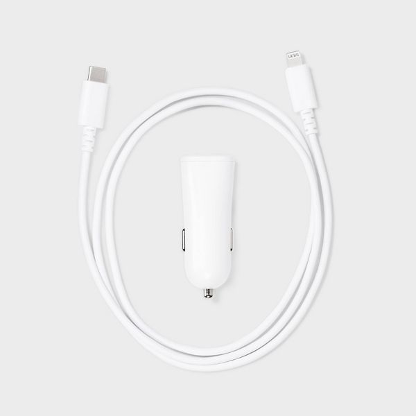 1-Port 20W Car Charger with 3' PVC Lightning to USB-C Cable - dealworthy™ White: Charge Indicator, Short Circuit Protection