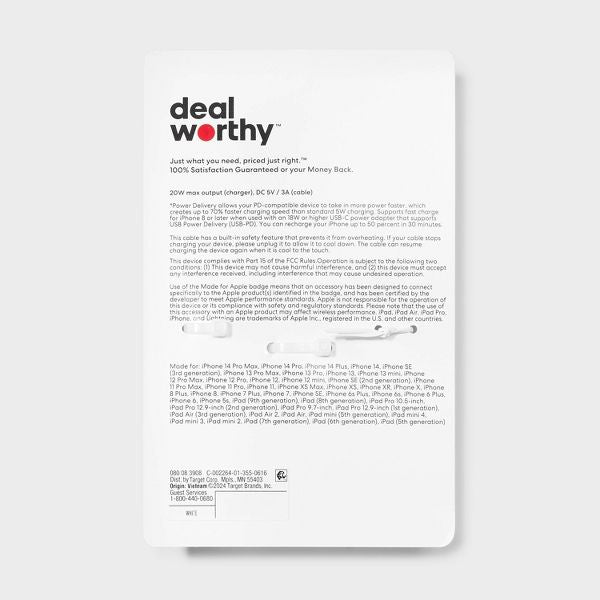 1-Port 20W Car Charger with 3' PVC Lightning to USB-C Cable - dealworthy™ White: Charge Indicator, Short Circuit Protection