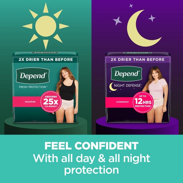 Depend Night Defense Adult Incontinence Underwear for Women - Size Large 16/20 - 22 Count - Overnight Absorbency - Blush