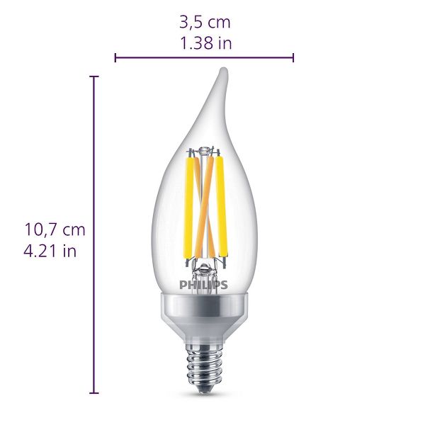 Philips UltraDef LED 60W Clear Soft White BA11 3P Candelabra Base: E12 Dimmable Candelabra Bulbs, 500 Lumens, 2700K, 3-Pack