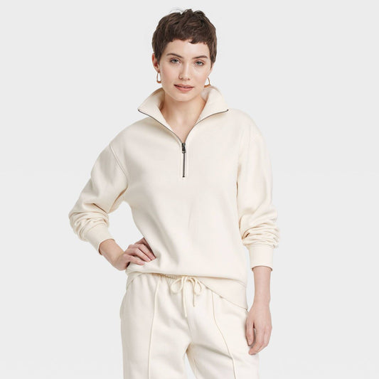Women's Leisure Studio Quarter Zip Pullover Sweatshirt - Cream - XL - Universal Thread™