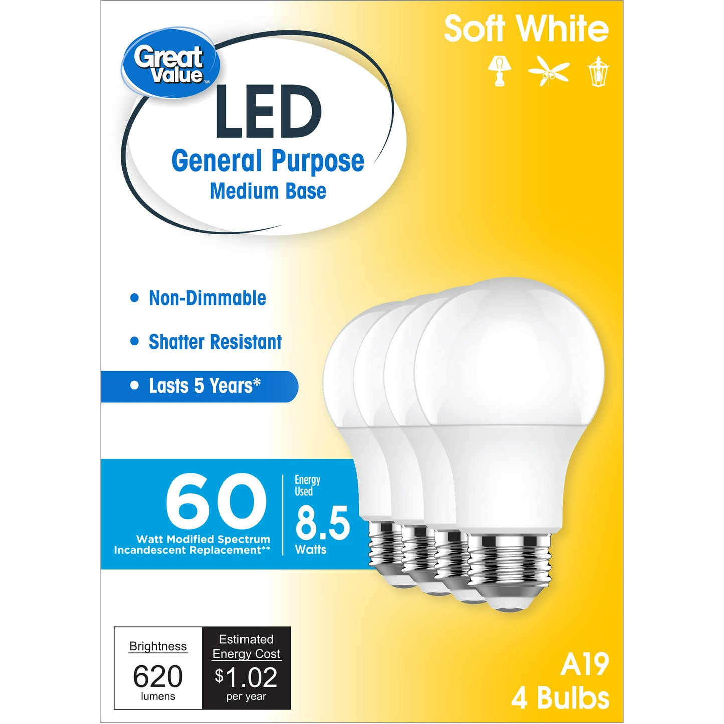 Great Value LED Light Bulbs, 60 Watts Eqv, Soft White, A19 General Purpose Light Bulbs, 5yr, 4pk