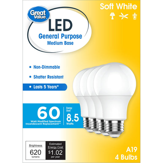 Great Value LED Light Bulbs, 60 Watts Eqv, Soft White, A19 General Purpose Light Bulbs, 5yr, 4pk