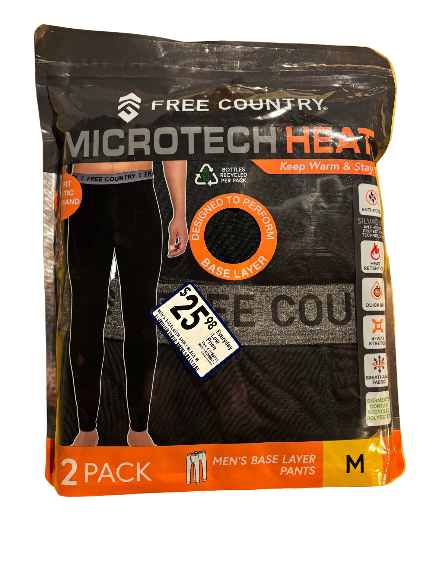 Free Country Microtech Heat Men's Thermal Base Layer Pants 2 Pack Black M