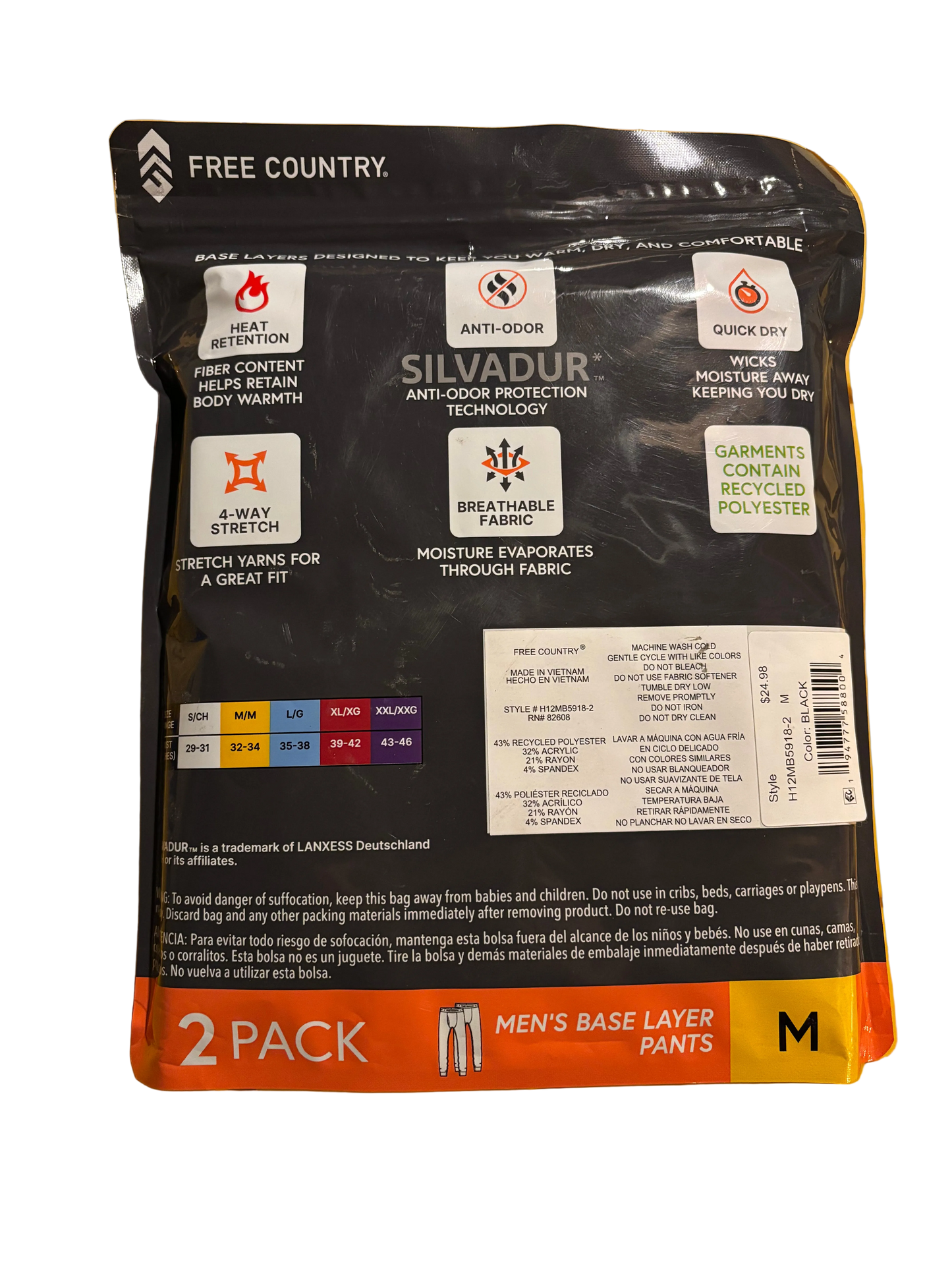 Free Country Microtech Heat Men's Thermal Base Layer Pants 2 Pack Black M