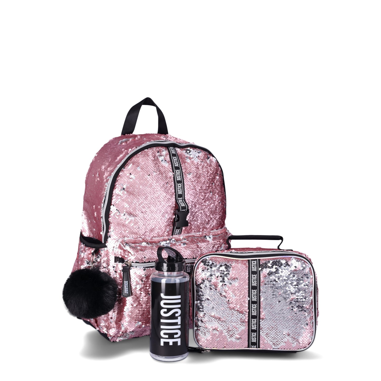 Justice Girls' Sequined 4-Piece Backpack Set with Lunch Bag, Rose Gold