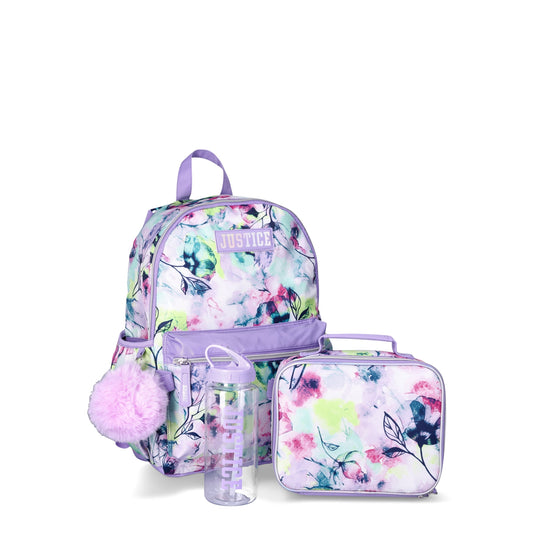 Justice Lavender Floral Print Girls 4-Piece Backpack Set with Lunch Bag, Lavender