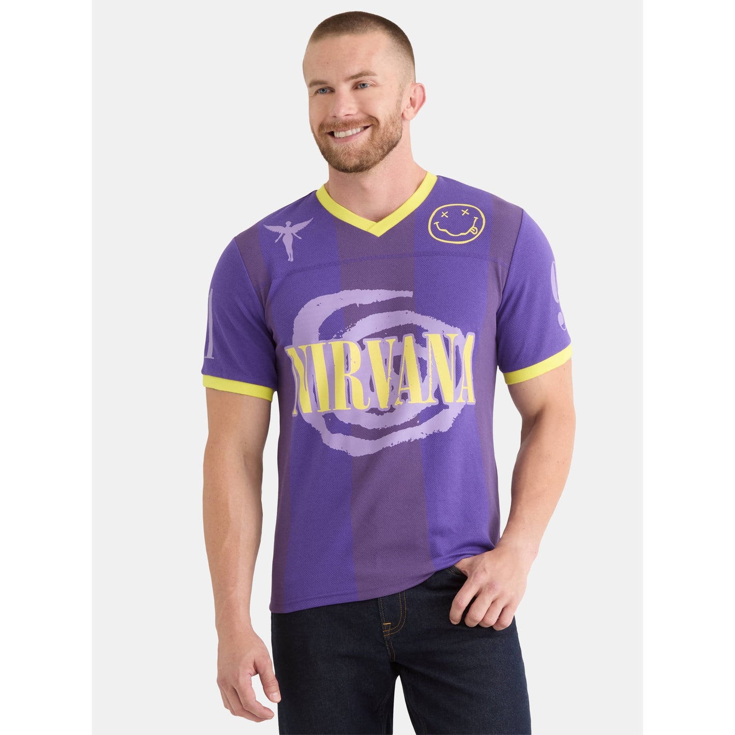 Nirvana Men’s and Big Men's Graphic Mesh Football Jersey Style Shirt, Size XS