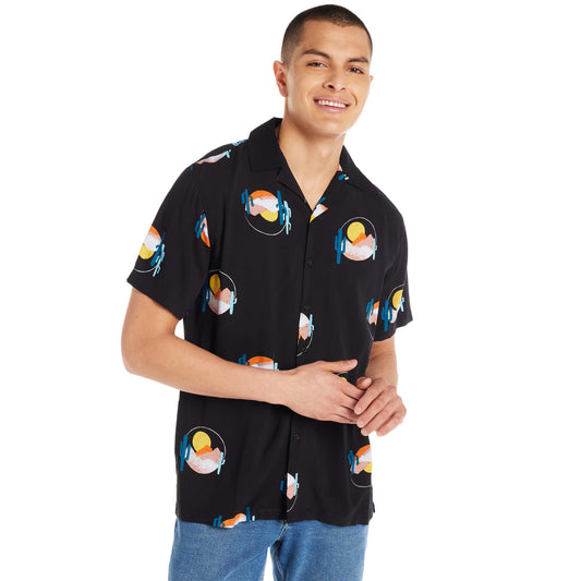 No Boundaries Men's Print Button Up Shirt with Short Sleeves, Sizes XS-3XL