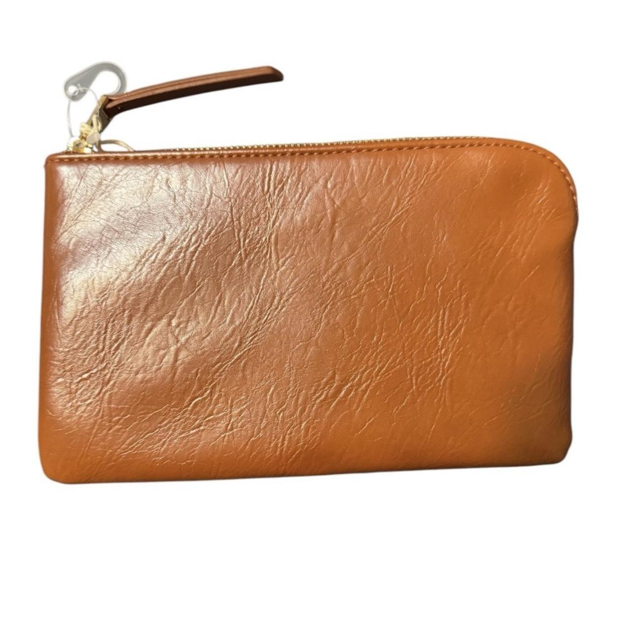 Universal Thread women's zippered pouch clutch in a rich brown faux leather finish