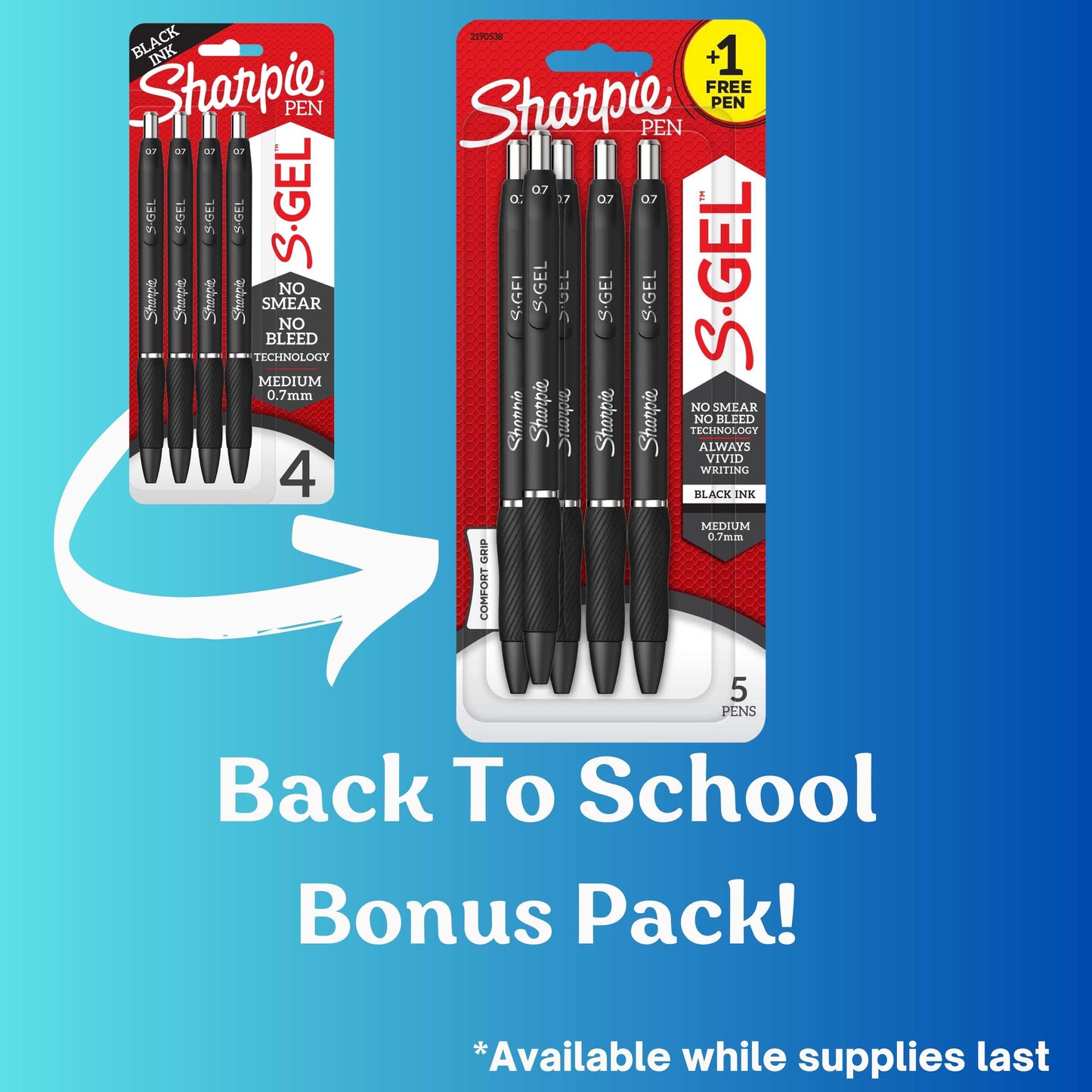 Sharpie S-Gel, Gel Pens, Medium Point - 0.7 mm, Black Gel Ink Pens, 4 + 1 Bonus, 5 Count