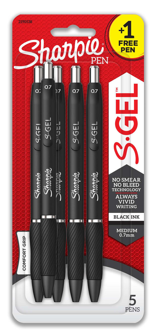 Sharpie S-Gel, Gel Pens, Medium Point - 0.7 mm, Black Gel Ink Pens, 4 + 1 Bonus, 5 Count