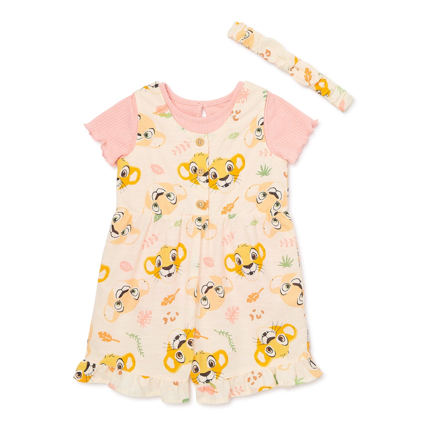 The Lion King Baby Girl Shortall and Tee Outfit Set with Headband, Sizes 0/3 Months-24 Months