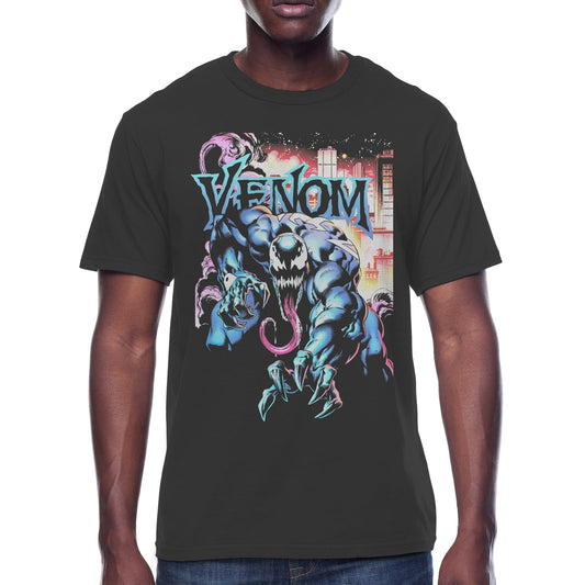 Venom Marvel, Men's & Big Men's Graphic Crew Neck T-Shirt, City Aflame, Size L