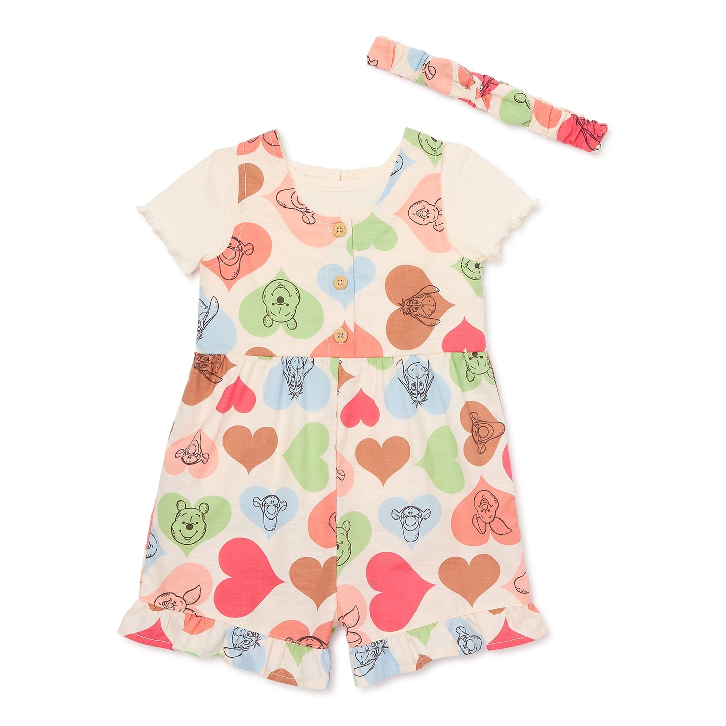 Winnie the Pooh Baby Girl Shortall and Tee Outfit Set with Headband, Sizes 0/3 Months-24 Months