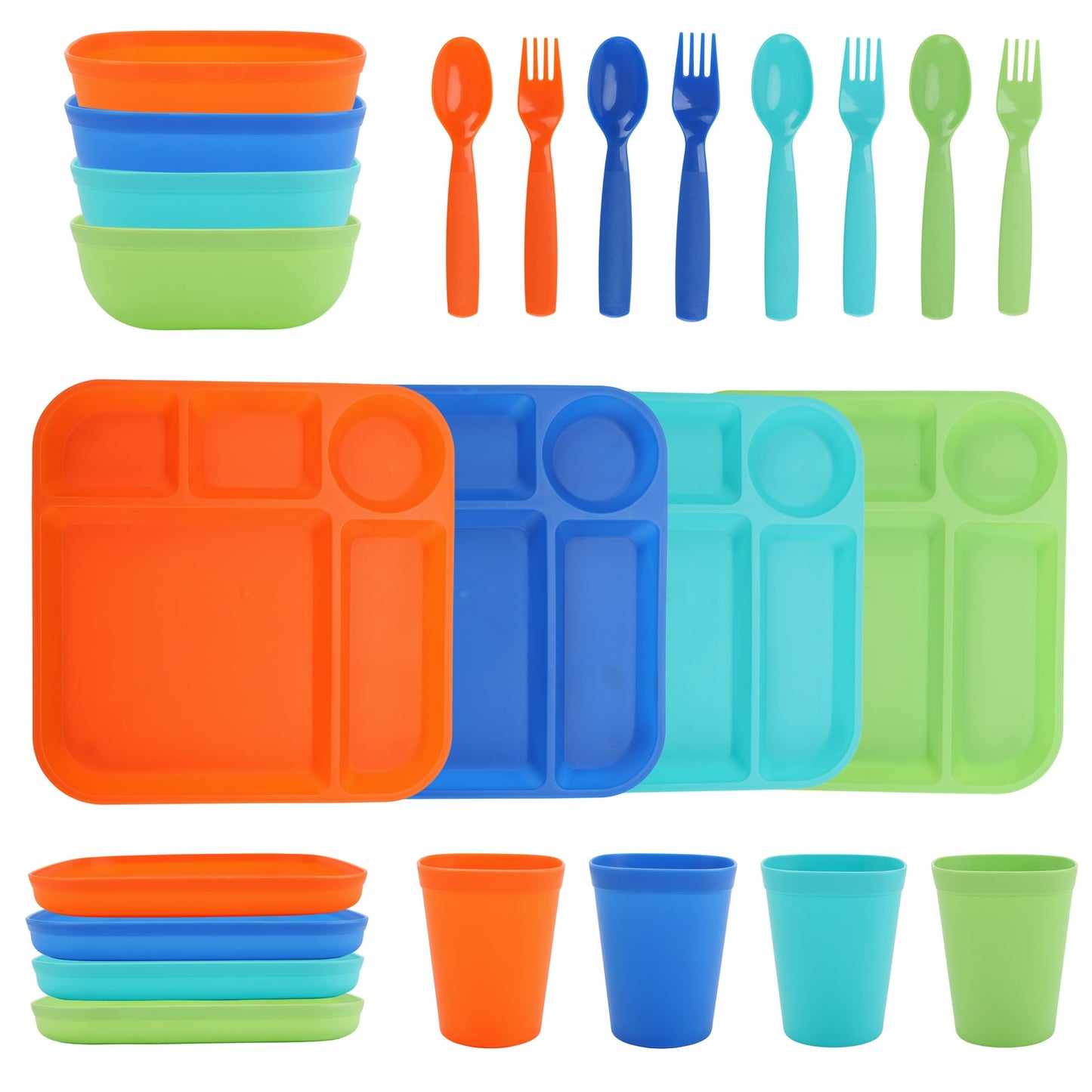 Your Zone 24 Piece Plastic Dinnerware Set for Kids with 4 Each Trays, Bowls, Plates, Cups, Forks, Spoons in Pink, Purple, Aqua Blue, Green