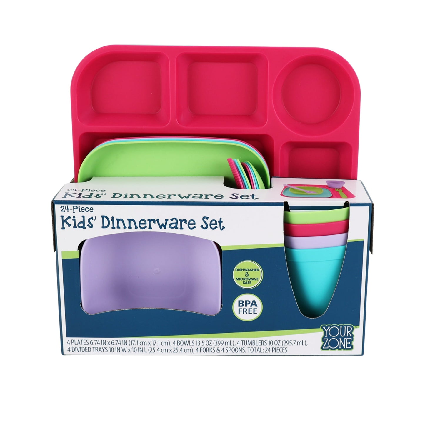 Your Zone 24 Piece Plastic Dinnerware Set for Kids with 4 Each Trays, Bowls, Plates, Cups, Forks, Spoons in Pink, Purple, Aqua Blue, Green