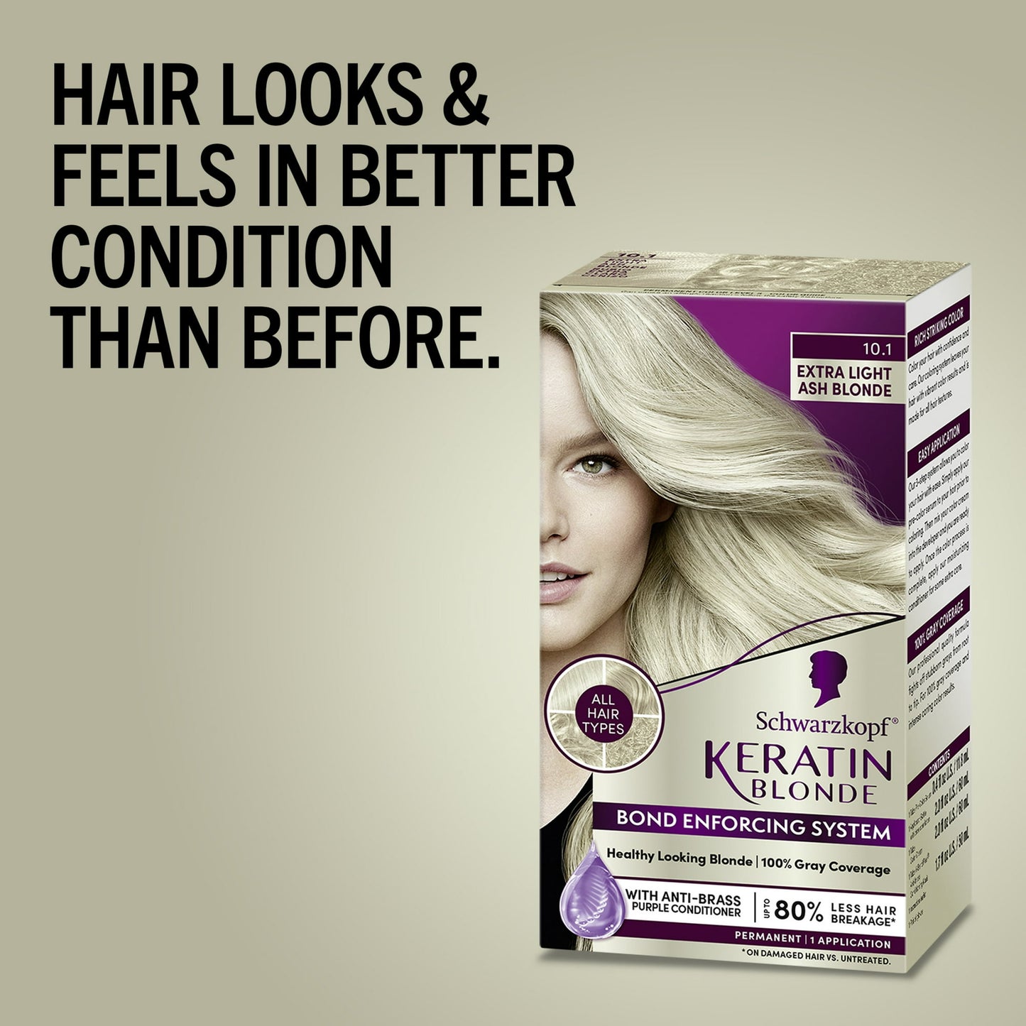 Schwarzkopf Keratin Color Permanent Hair Color Cream, 10.1 Extra Light Ash Blonde, 1 Kit