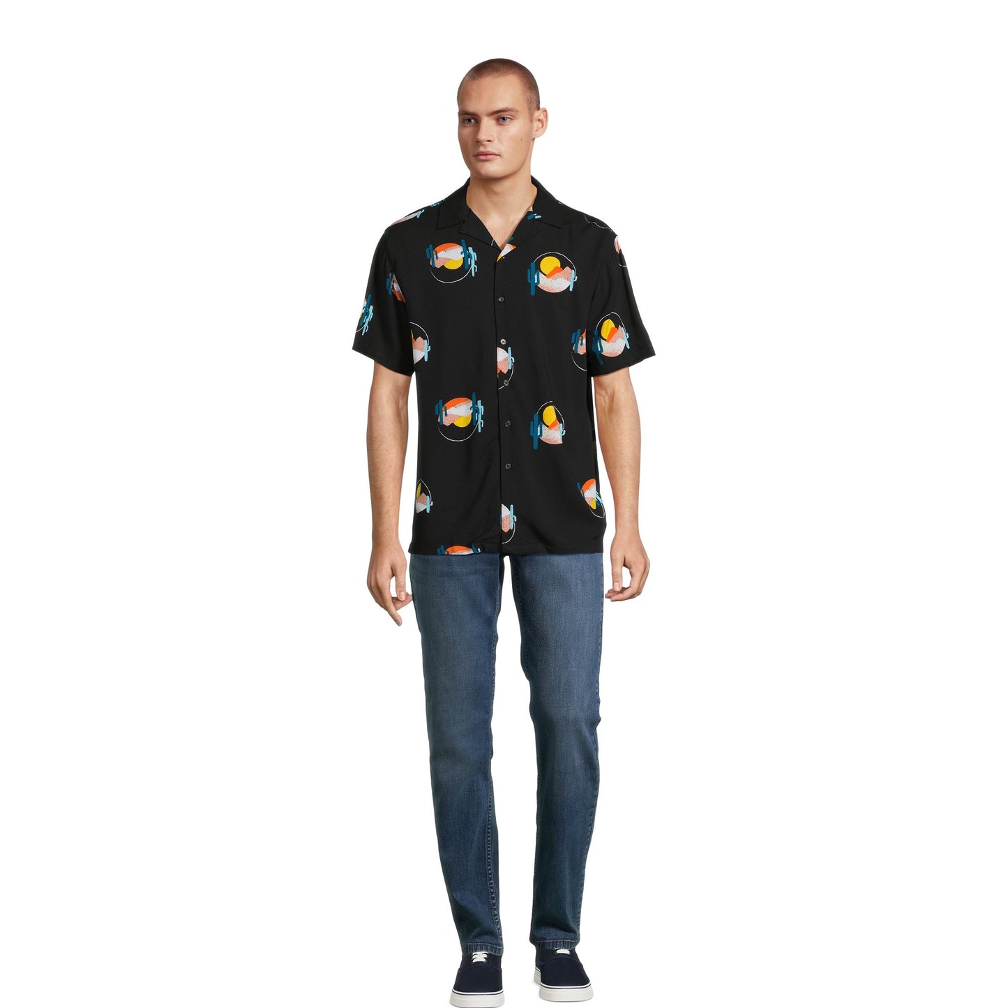 No Boundaries Men's Print Button Up Shirt with Short Sleeves, Sizes XS-3XL