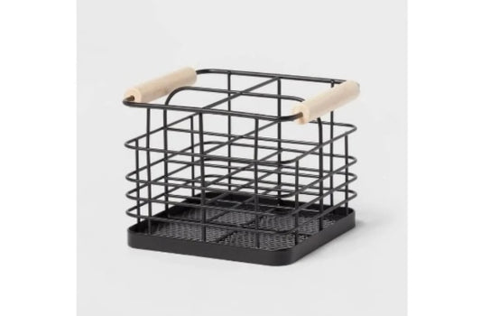 Divided Wire Basket with Wood Handle Black - Brightroom™: Storage & Organization, Powder-Coated Iron