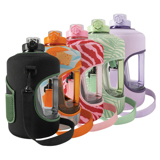 TAL Motivational Gallon Jug Water Bottle with Handle, Push Button Lid & Straw, Neoprene Sleeve, Easy-Carry Strap