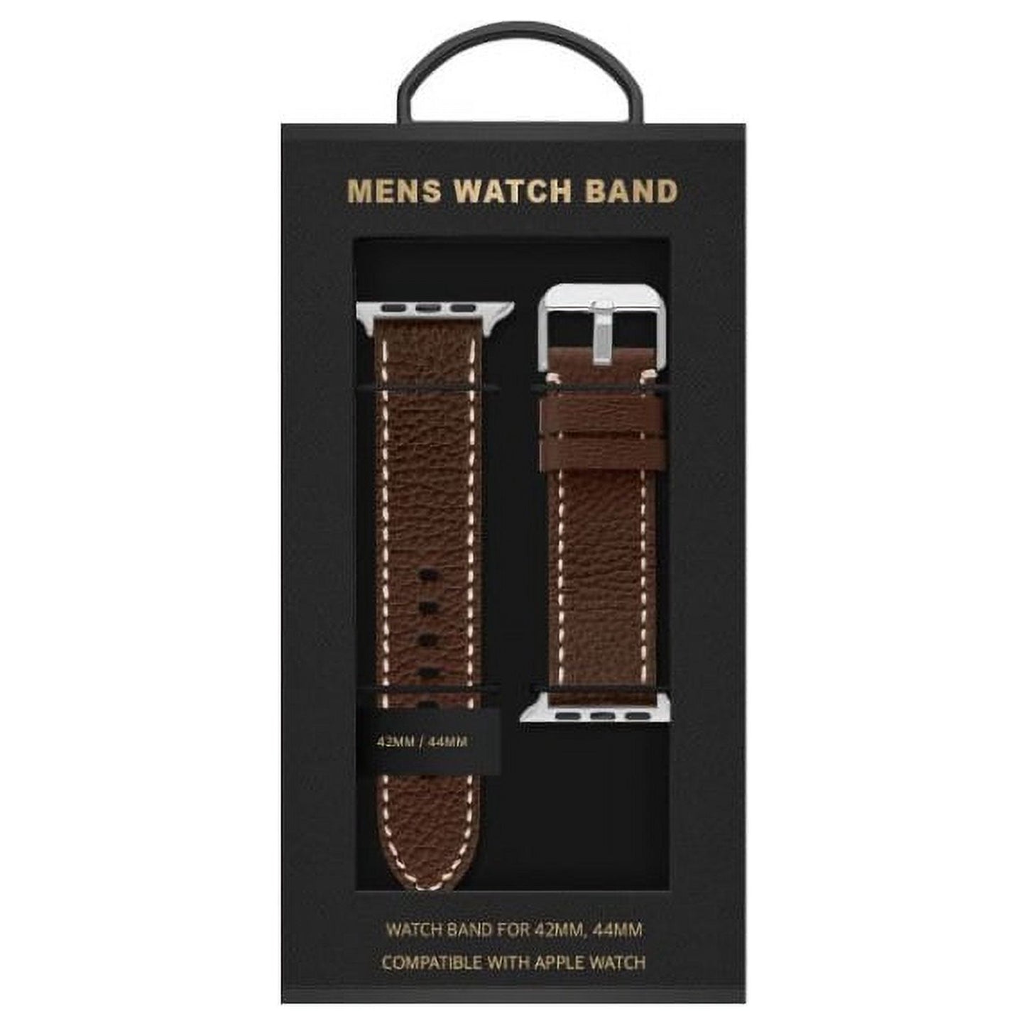 American Exchange Mens PU Leather Watch Strap Compatible w/ 42mm 44mm Apple Watch, Brown/Silver