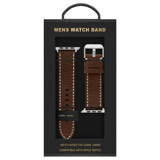 American Exchange Mens PU Leather Watch Strap Compatible w/ 42mm 44mm Apple Watch, Brown/Silver