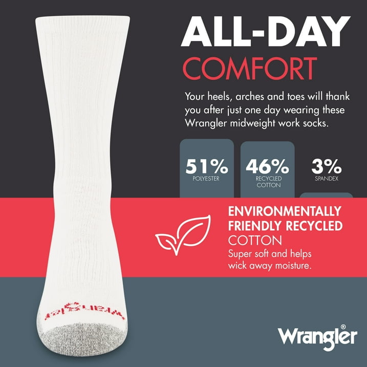 Wrangler Men's Cushion Crew Socks, Work Socks for Men, White, 6 Pack, Size 6-12