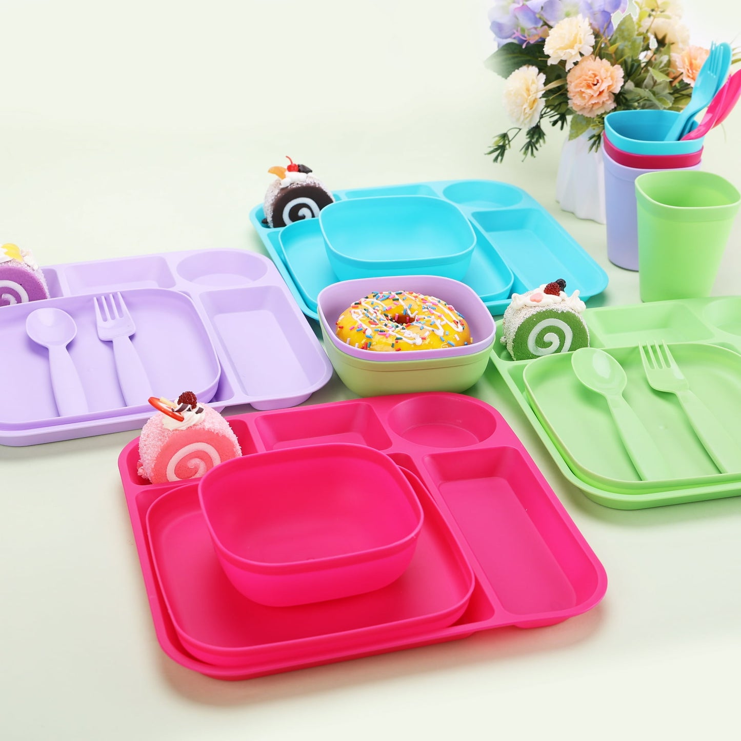 Your Zone 24 Piece Plastic Dinnerware Set for Kids with 4 Each Trays, Bowls, Plates, Cups, Forks, Spoons in Pink, Purple, Aqua Blue, Green