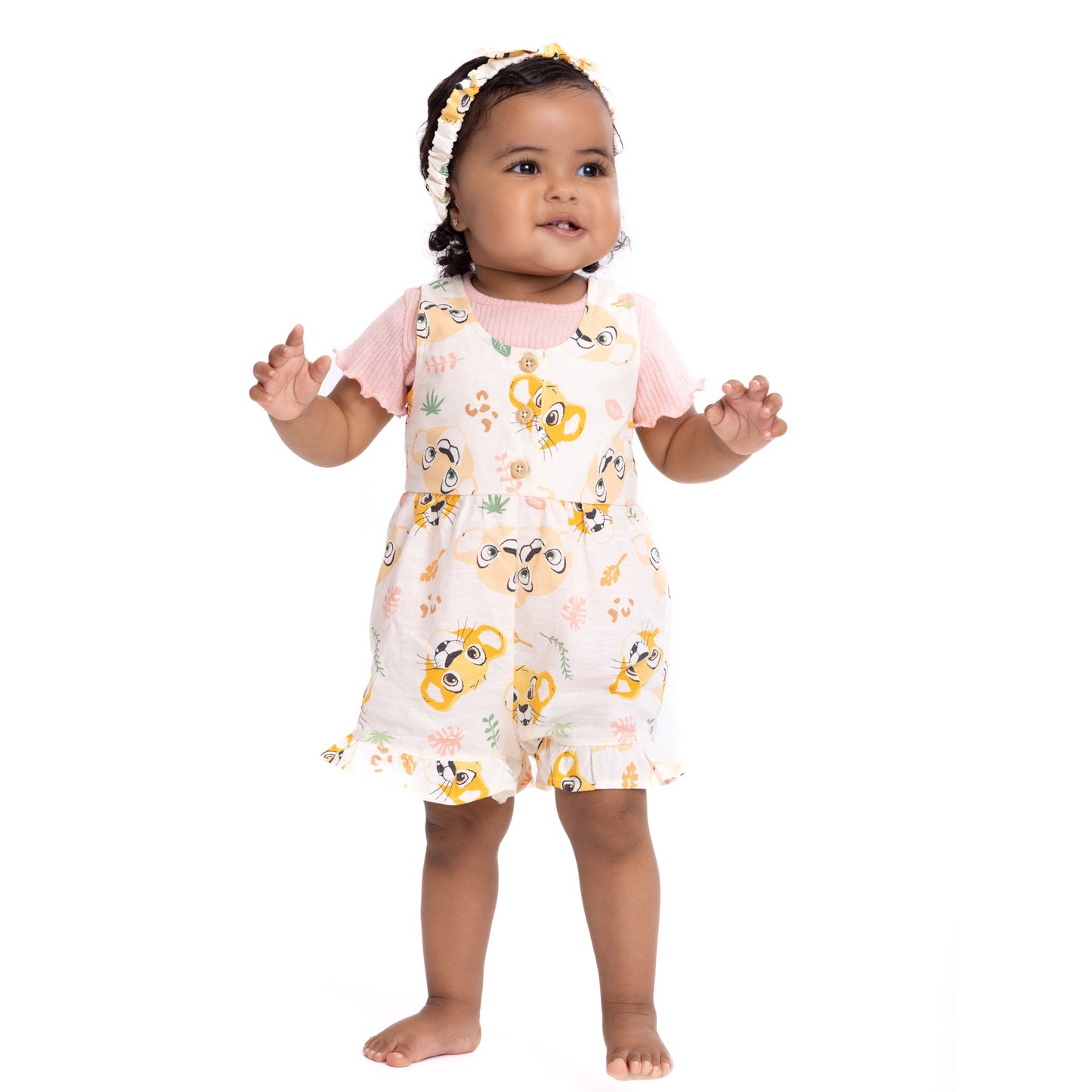 The Lion King Baby Girl Shortall and Tee Outfit Set with Headband, Sizes 0/3 Months-24 Months