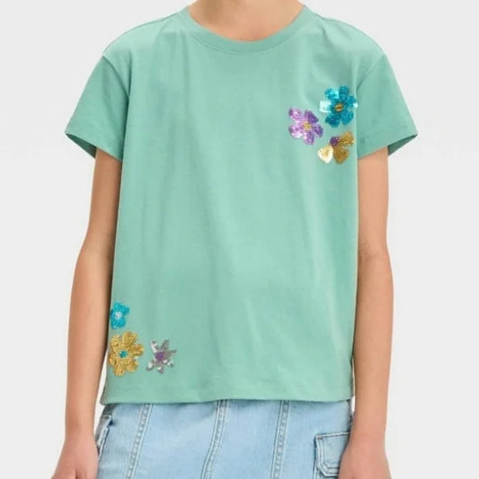 Cat & Jack Girls Mint Flower Sequins Flip Short Sleeve Tee Size Medium 8