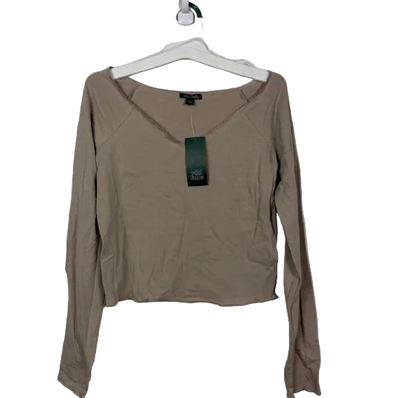 Women's Long Sleeve V Neck T-Shirt - Wild Fable™ Taupe M: Cotton Spandex Blend, Cropped Knit Pullover