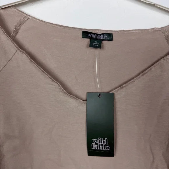 Women's Long Sleeve V Neck T-Shirt - Wild Fable™ Taupe M: Cotton Spandex Blend, Cropped Knit Pullover