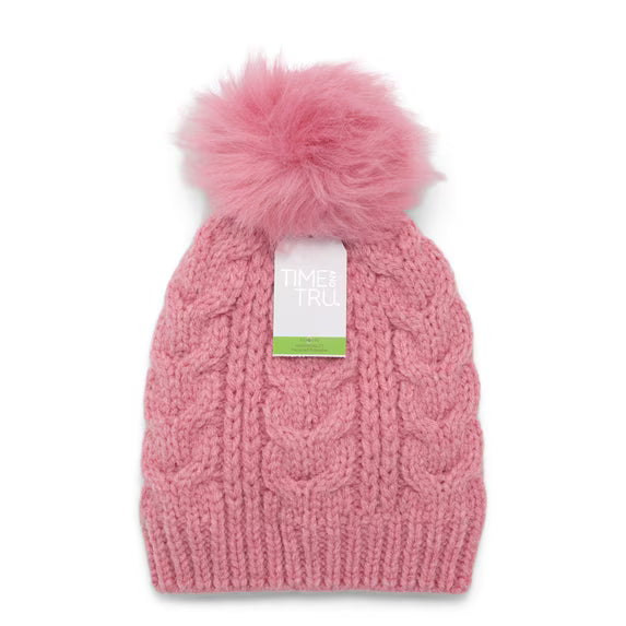 Time and Tru Women's Cable Pom Beanie, One Size Fits Most, Pink Pottery Heather