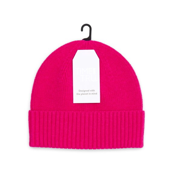 Time and Tru Women's Ribbed Beanie, One Size, Festive Fuchsia
