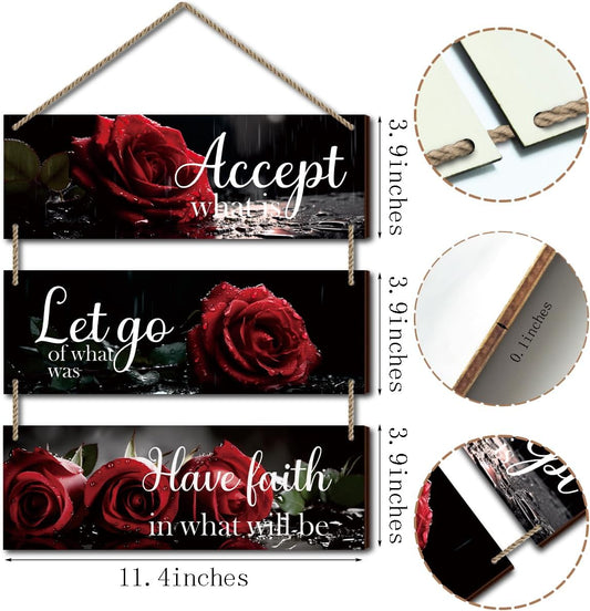 3 PCS Red Roses Wooden Sign Inspirational Red Decor Vintage Hanging Wall Art Decoration