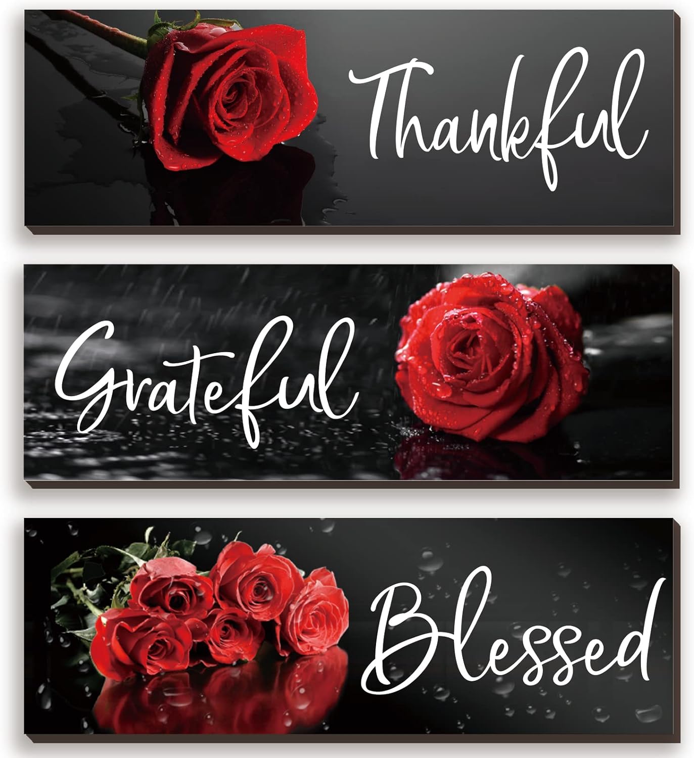 3 Pcs Red Bathroom Decor Red Rose Wall Art Inspirational Flower Wooden Signs Red and Black Bathroom Office Wall Decor with Thankful Grateful Blessed Quotes