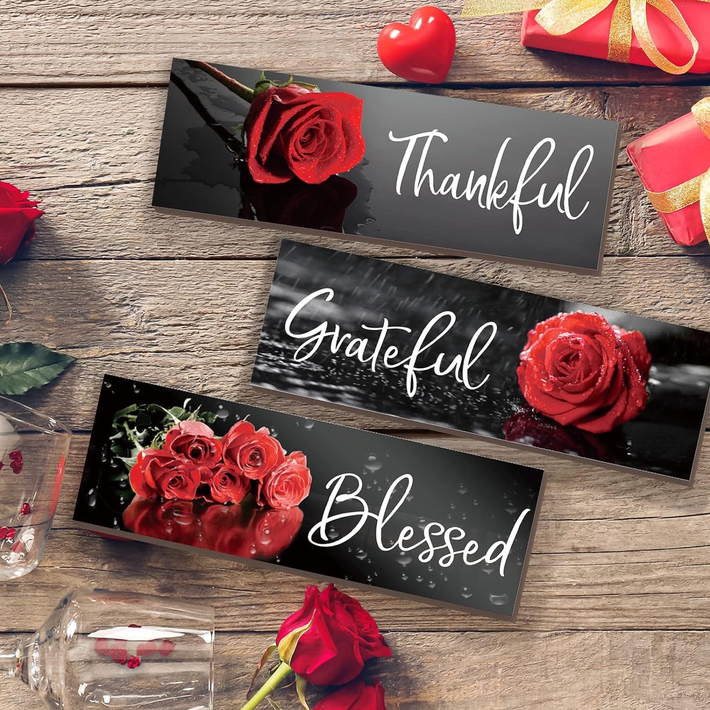 3 Pcs Red Bathroom Decor Red Rose Wall Art Inspirational Flower Wooden Signs Red and Black Bathroom Office Wall Decor with Thankful Grateful Blessed Quotes