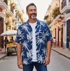 Margaritaville Casual Button Down Collared Men's Shirt Insignia Blue Palm Size: M